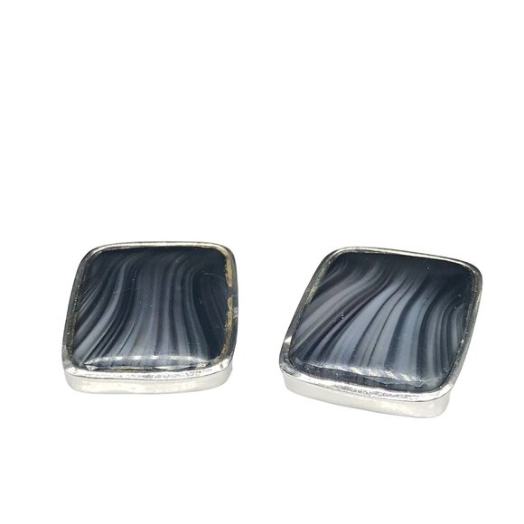 Vintage Black Banded Agate Earrings, Silver Tone Frames with Clip On, Chic Stria - Picture 5 of 5